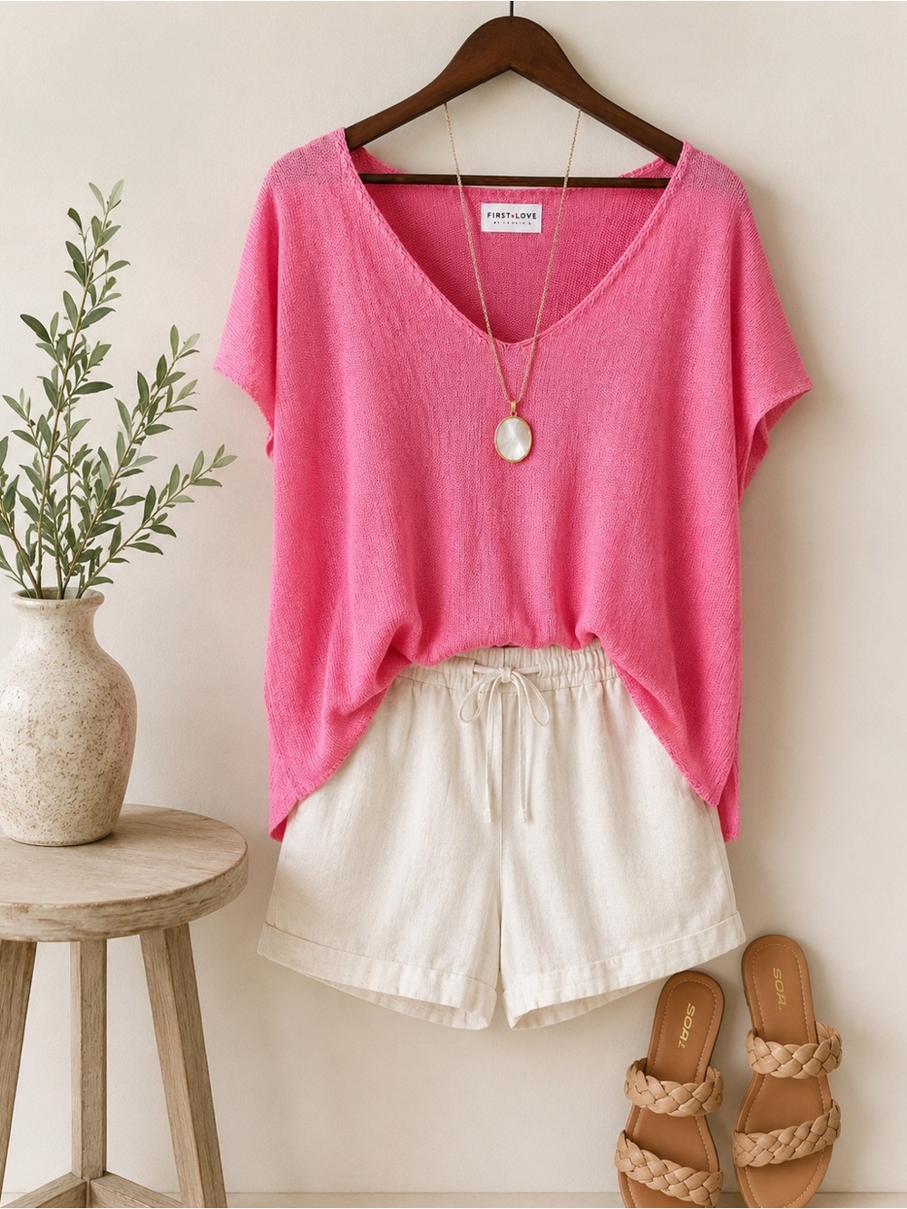 Pink Knit Sweater Top | First Love by Lovelyn | Oversized V-Neck | Boutique